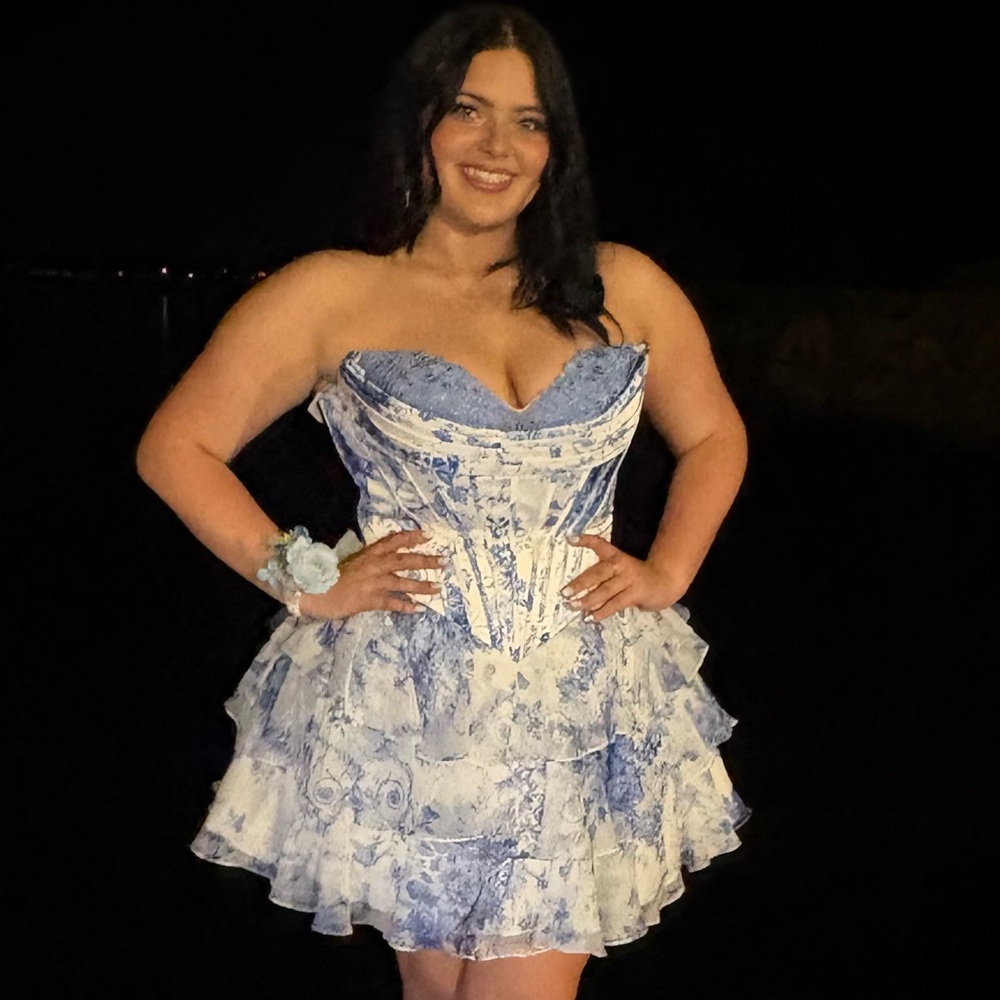 Sherri Hill Blue and White Mini Dress